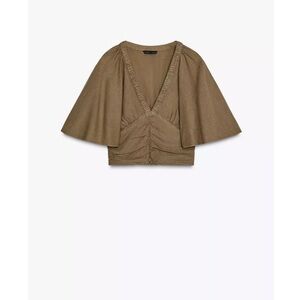 ZARA LINEN BLEND BLOUSE WITH RUFFLE SLEEVES
